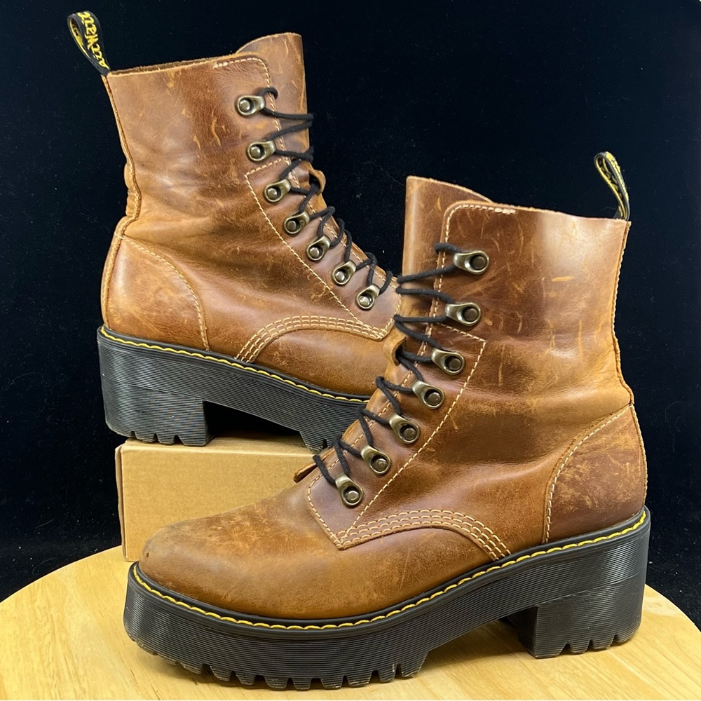 Dr Martens Doc Leona Smooth brown Leather Vintage Platform Heel Boots Size US 9